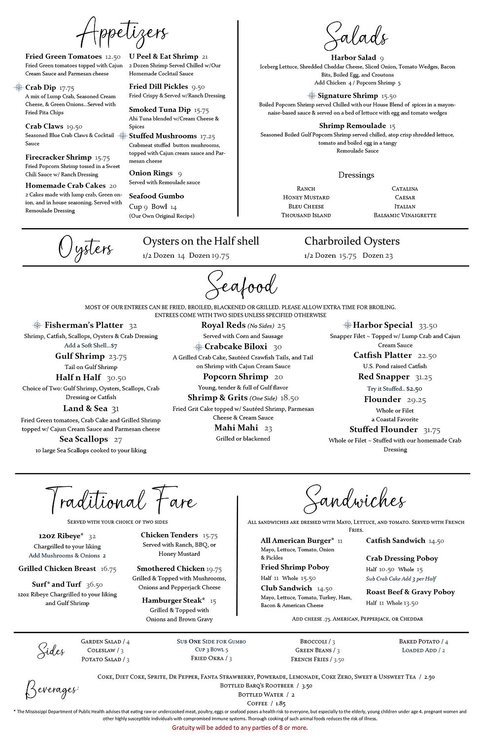 Menu McElroy's Harbor House Seafood Restaurant Biloxi Beach